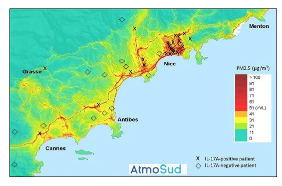 carte des concentrations en PM2.5 sur la Côte d'Azur